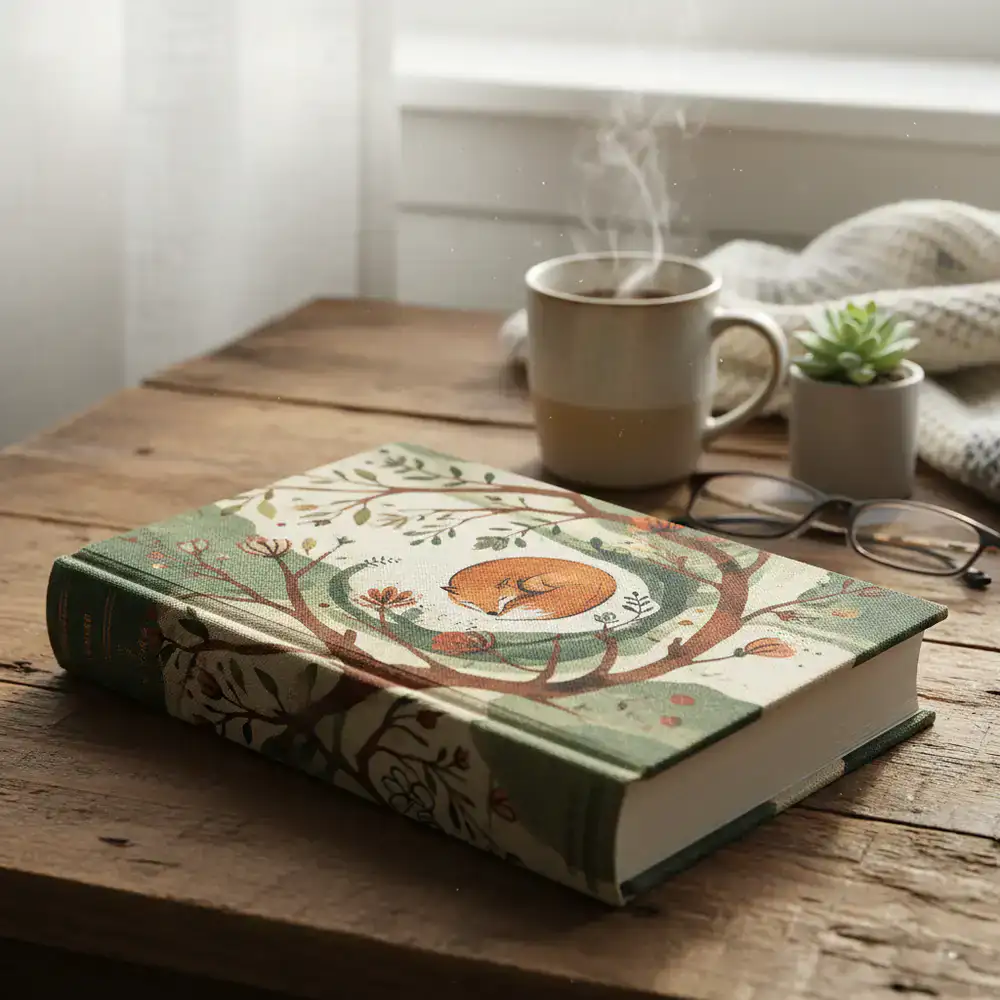 Cover of the featured reviewed book sitting on a desk