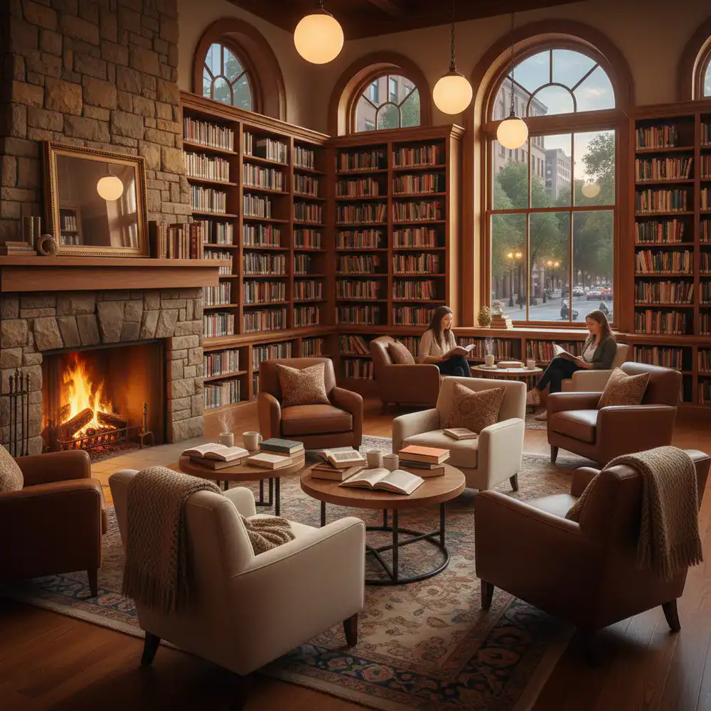Warm, softly lit library interior with comfortable seating
