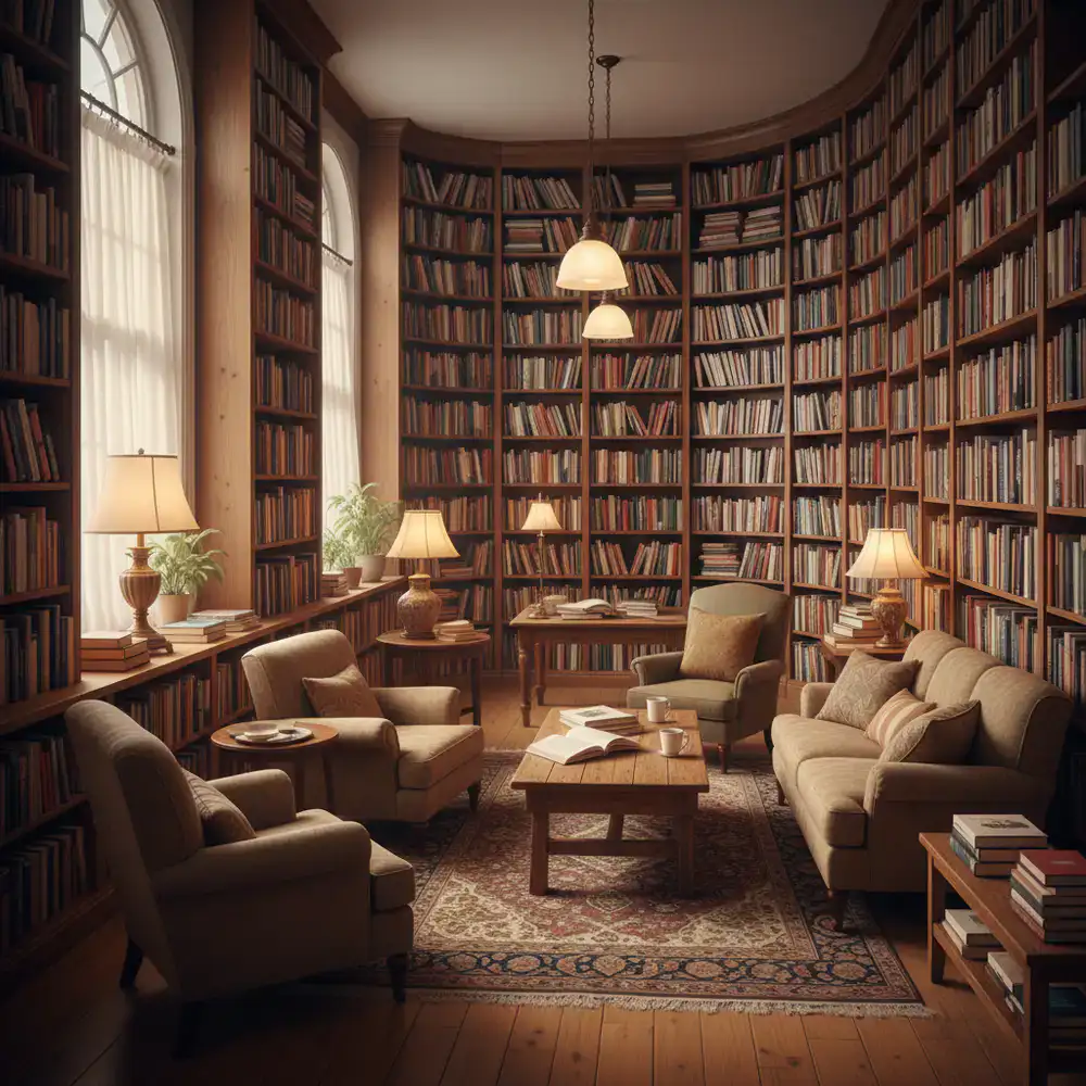 Warm, softly lit bookstore shelves