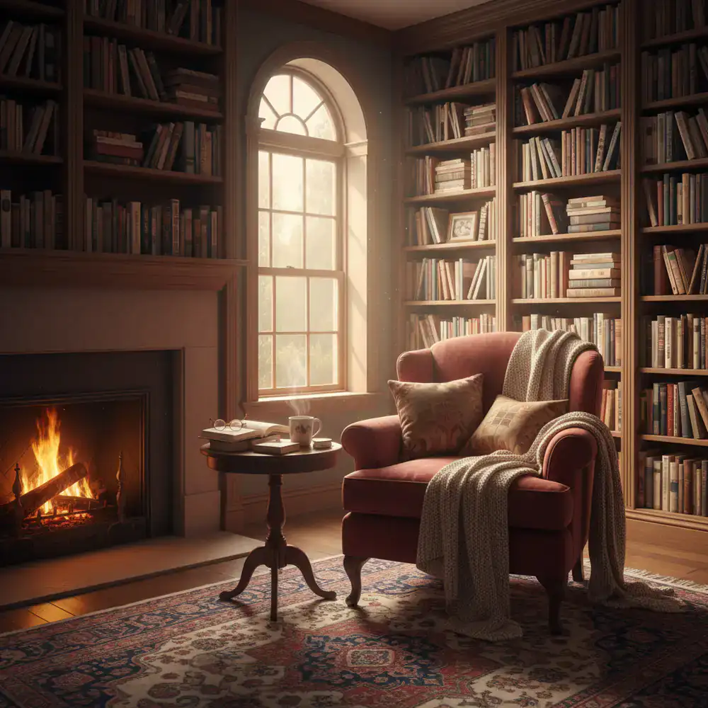 A warm and cosy view of book-lined shelves in a quiet reading room