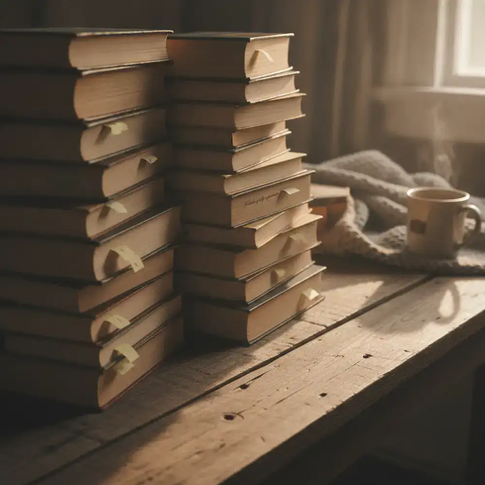A stack of thoroughly read books sitting on a wooden table under warm lighting