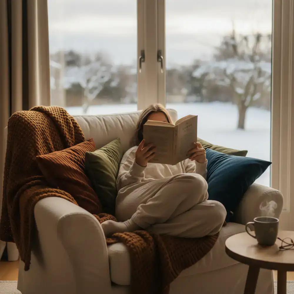 Person reading a book in a comfortable chair by a window